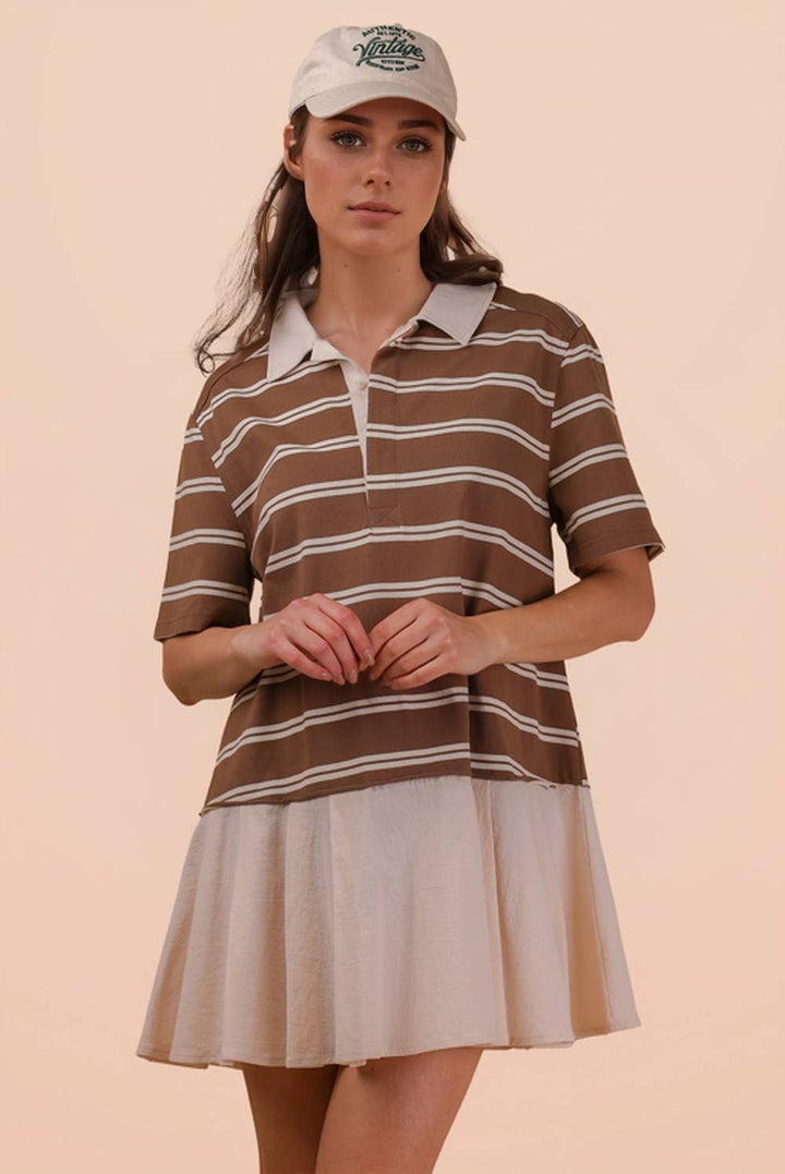 Striped Shirt Mini Dress - Mocha