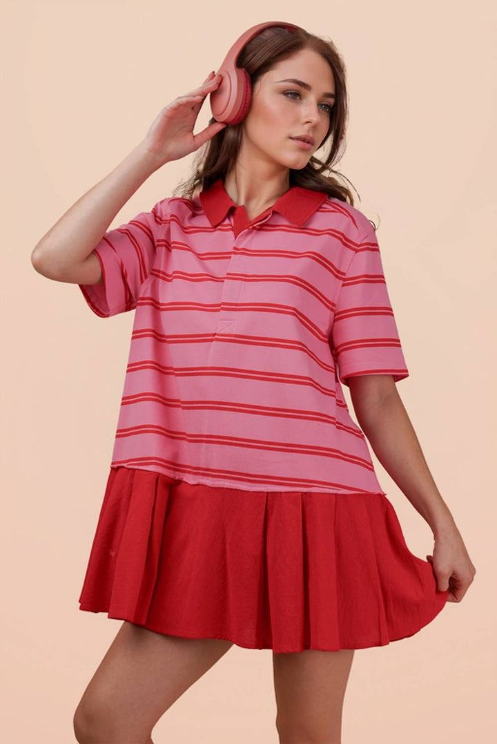 Striped Shirt Mini Dress - Pink