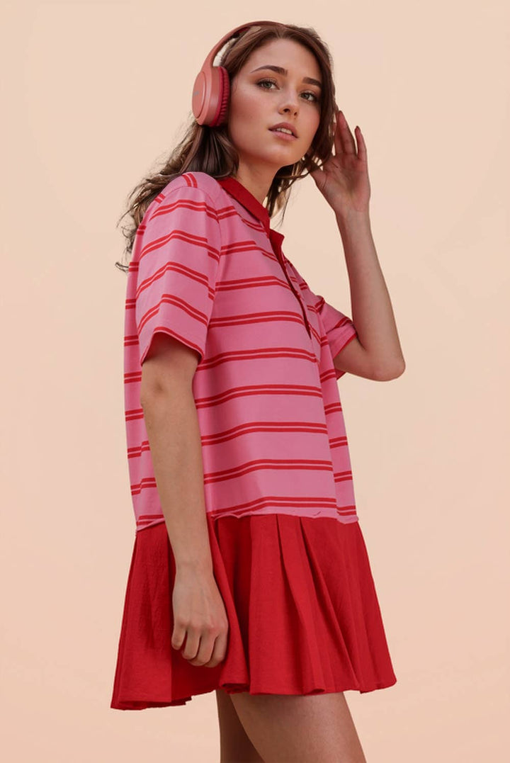 Striped Shirt Mini Dress - Pink