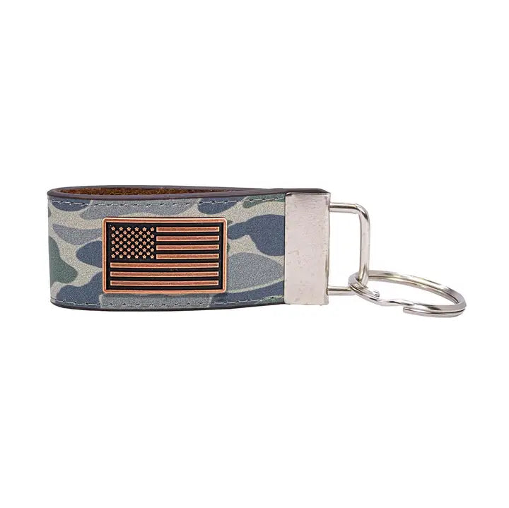 Green Old School Camo Leather Loop Key Fob - USA Flag Concho