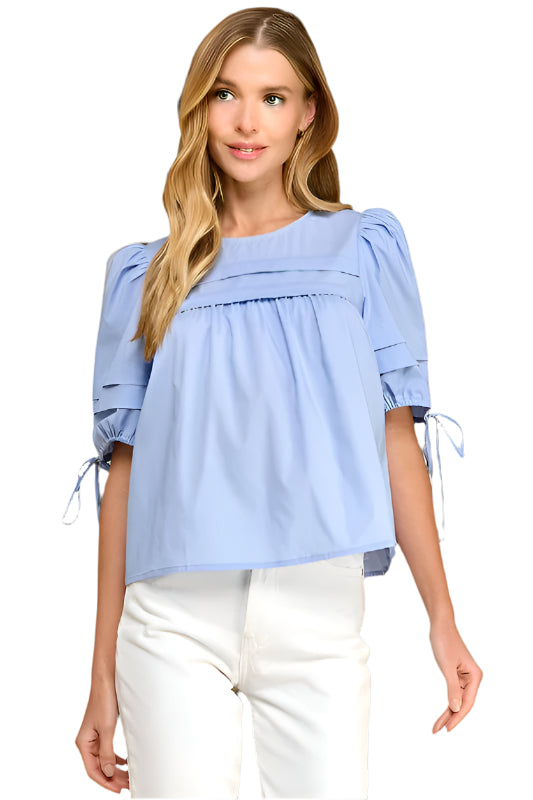 Pleated Keyhole Puff Sleeve Blouse - Baby Blue