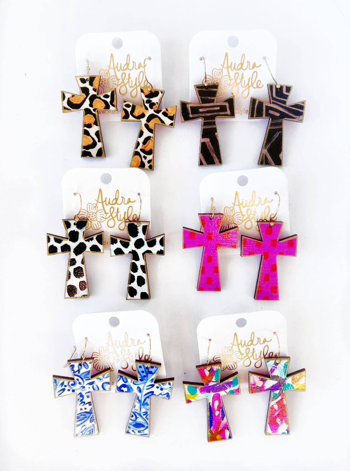 Cross Dangle Earring- Pink Red Dot-Religious