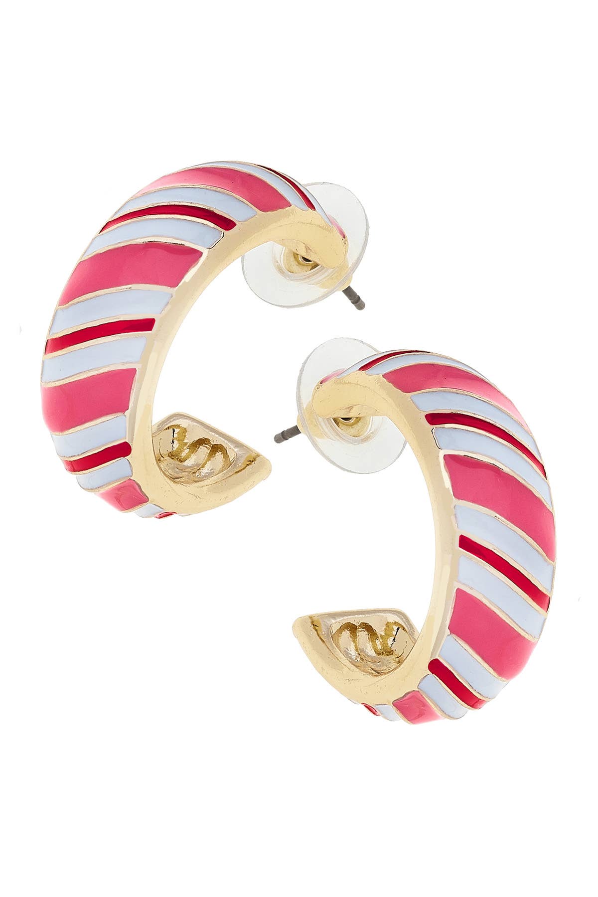 Candy Cane Striped Enamel Hoop Earrings in Pink/White/Red