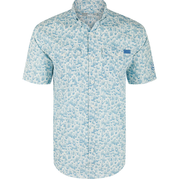 The Cotton SS Shirt Marsh Print - White/Marina Blue