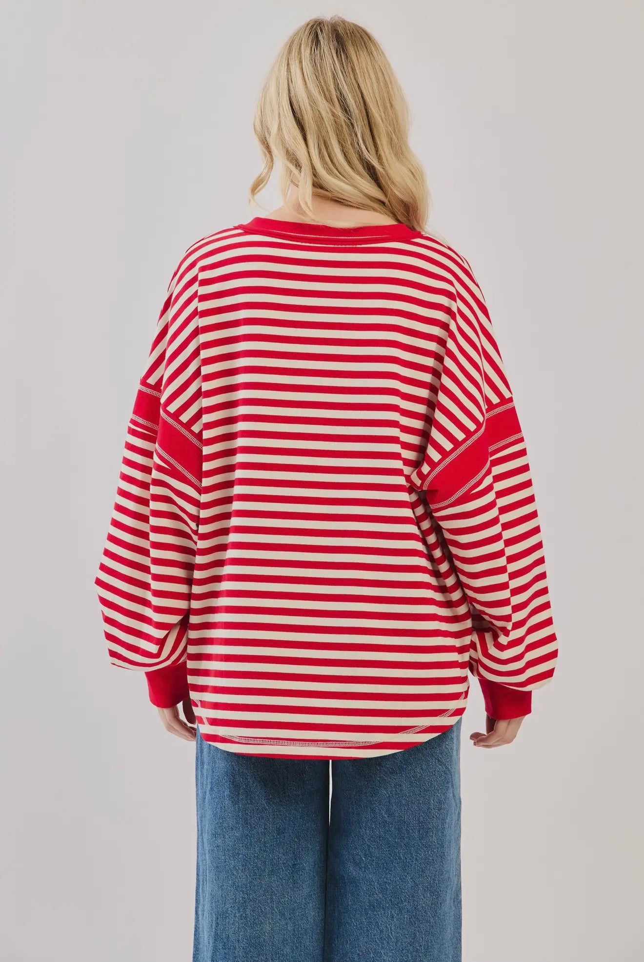 Striped Balloon Sleeve V Neck Knit Top