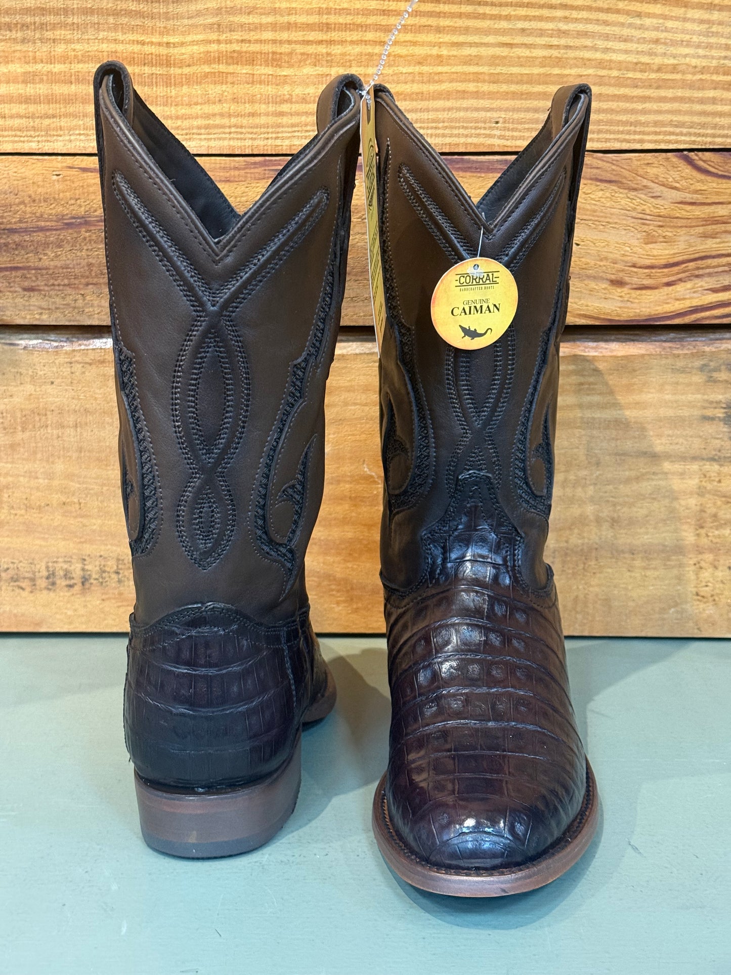 MN BROWN CAIMAN INLAY & EMBROIDERY ROUND TOE