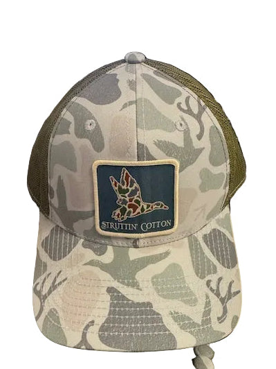 Old School Mallard Patch on Washed Standout Camo Trucker Hat