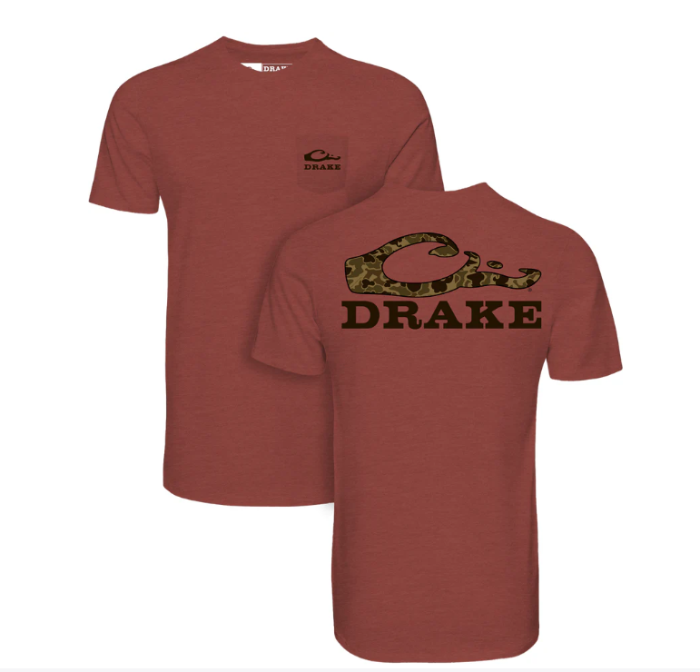 Drake Stacked Logo Old School T SS - Barn Red Light Heather