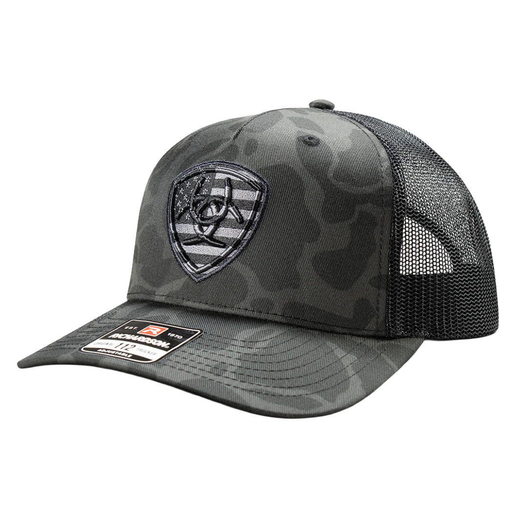 Ariat Men's Black & Grey Camo Logo Shield Trucker Hat