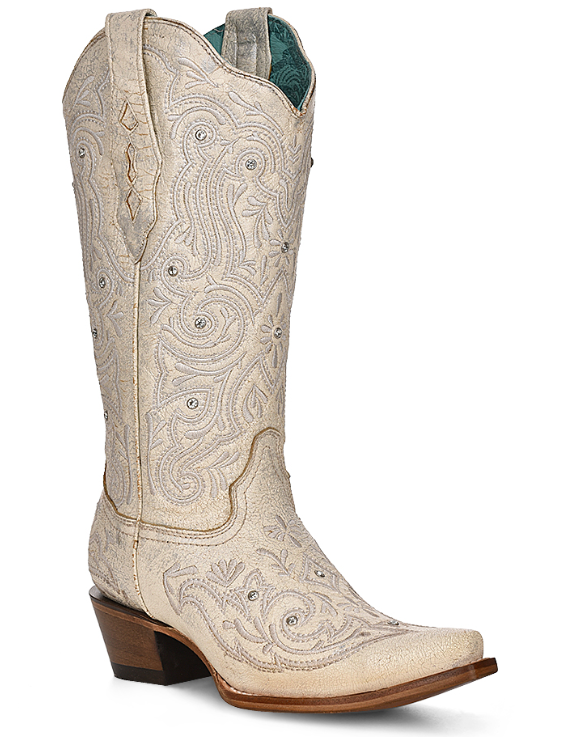 Ladies Bone Crystal Embroidered White Snip Toe Boots