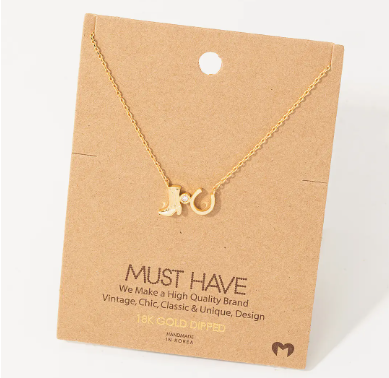 Western Cowboy Boots Horseshoe Charm Necklace - Gold