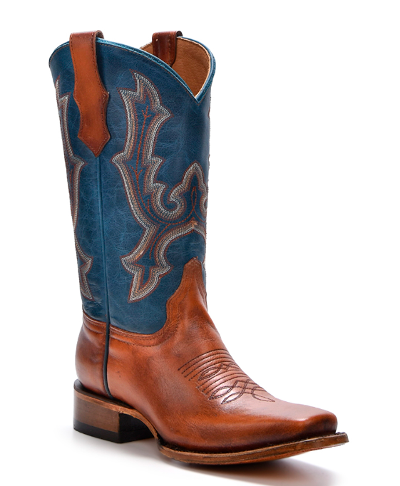 Honey & Navy Square Toe Embroidered Boot