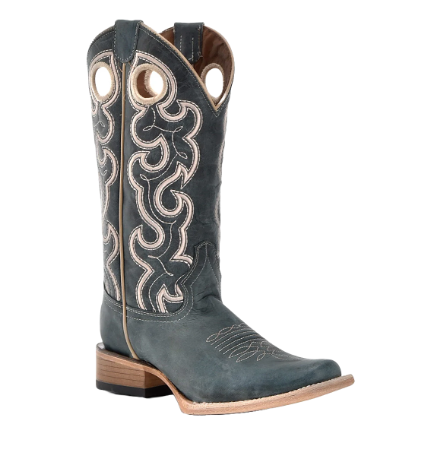 Ladies Blue Embroidery & Cut Out Square Toe Western Boots