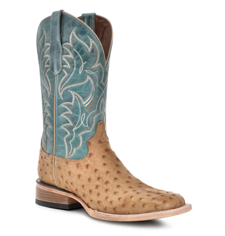 Men's Sand Blue Ostrich Embroidery Square Toe