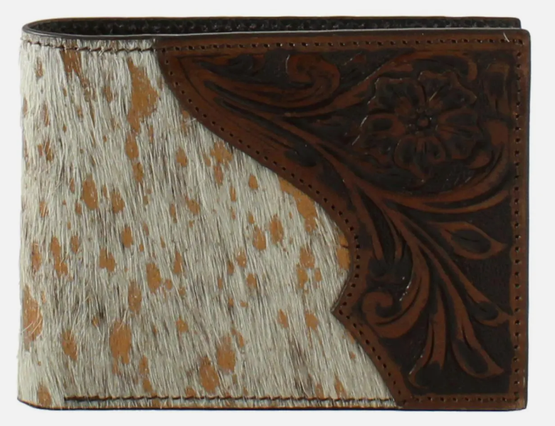 Nocona Western Mens Wallet Bifold Leather Floral Foil Calf Hair Brown