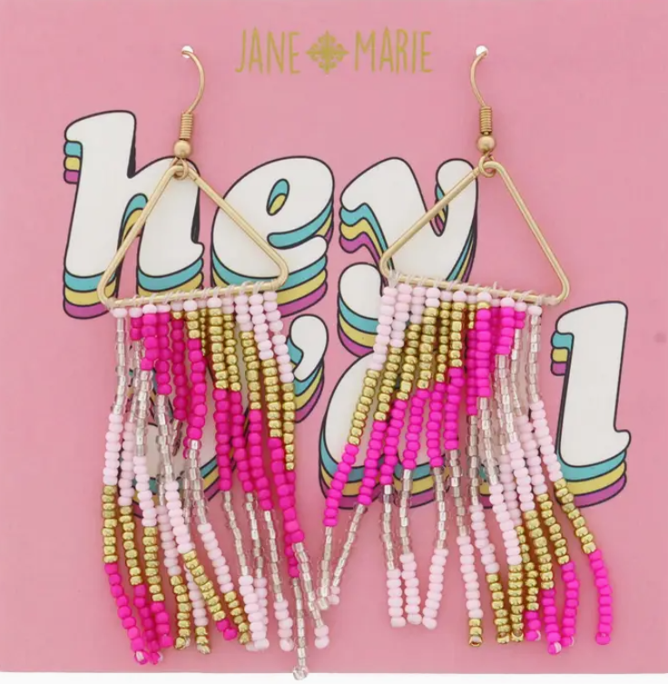 Light Pink, Gold, Hot Pink Beaded Fringe Earrings