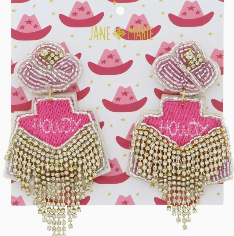 Pink Cowgirl Hat Post with "Howdy" Jacket Earrings