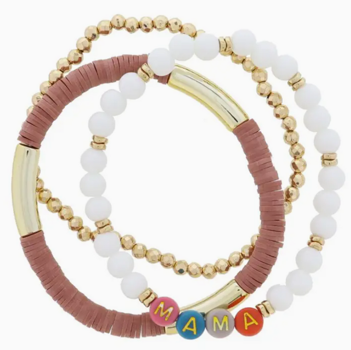 Set of 3, Mama Mauve, White, Gold Bead Bracelet, 7.5" Around