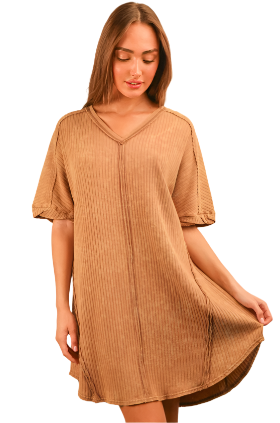 Mineral Washed Ribbed Knit Shift Mini Dress