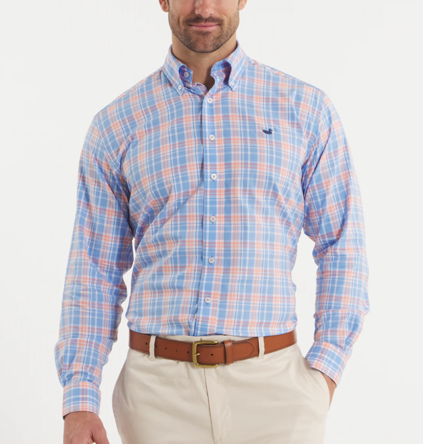 Grainger Performance Plaid Dress Shirt - French Blue & Peach