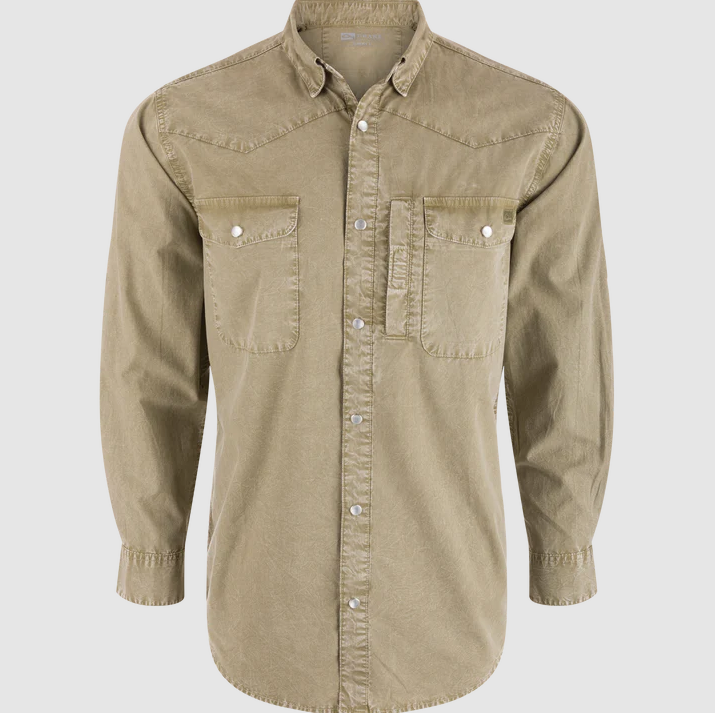 Cinco Ranch Western Solid Acid Wash Long Sleeve Shirt - Oil Green