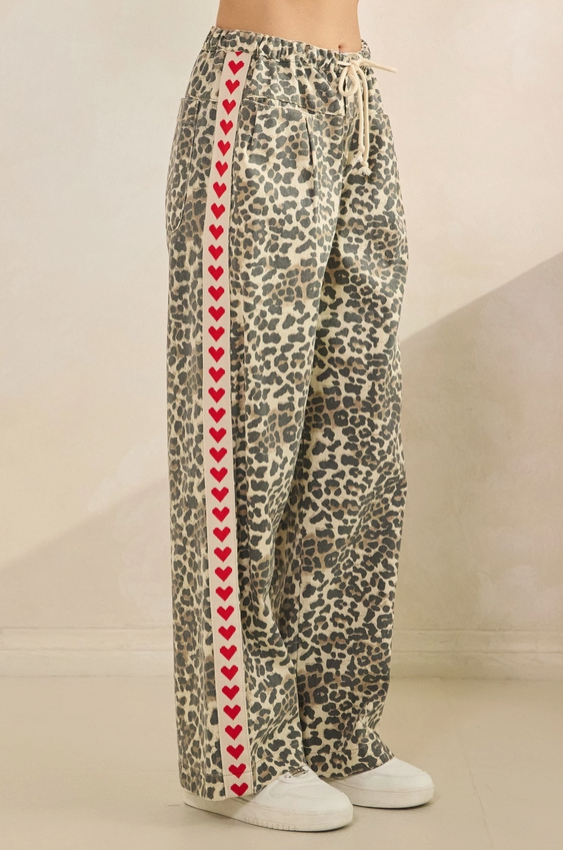 Leopard Printed Striped Wide Legged Pants - Red Heart