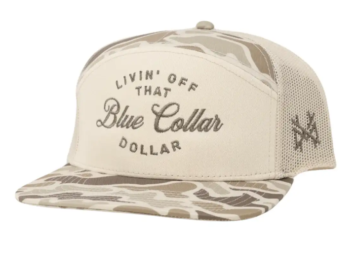 MHC Blue Collar Dolla Trucker Hat - 7 Panel Field Camo & Natural
