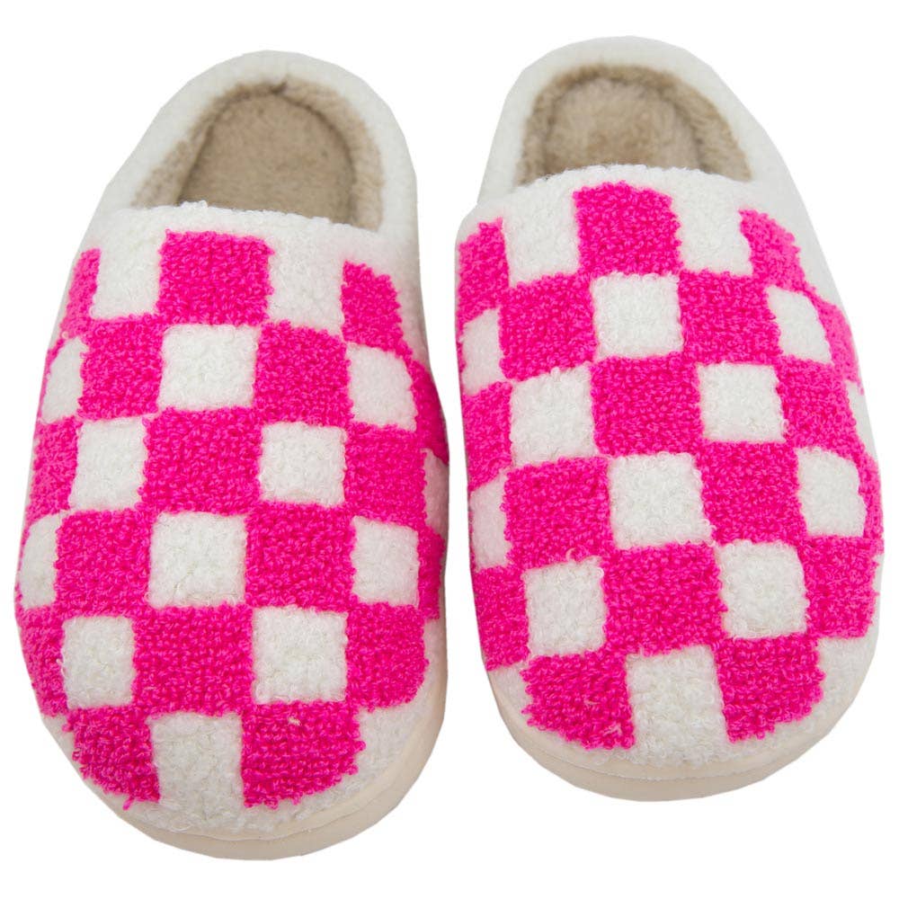 Hot Pink Checkered Pattern Valentine's Day Slippers: White