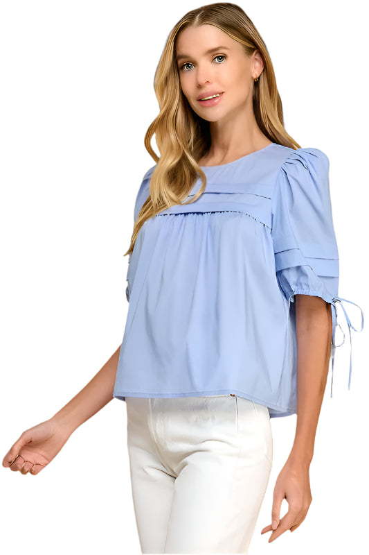 Pleated Keyhole Puff Sleeve Blouse - Baby Blue