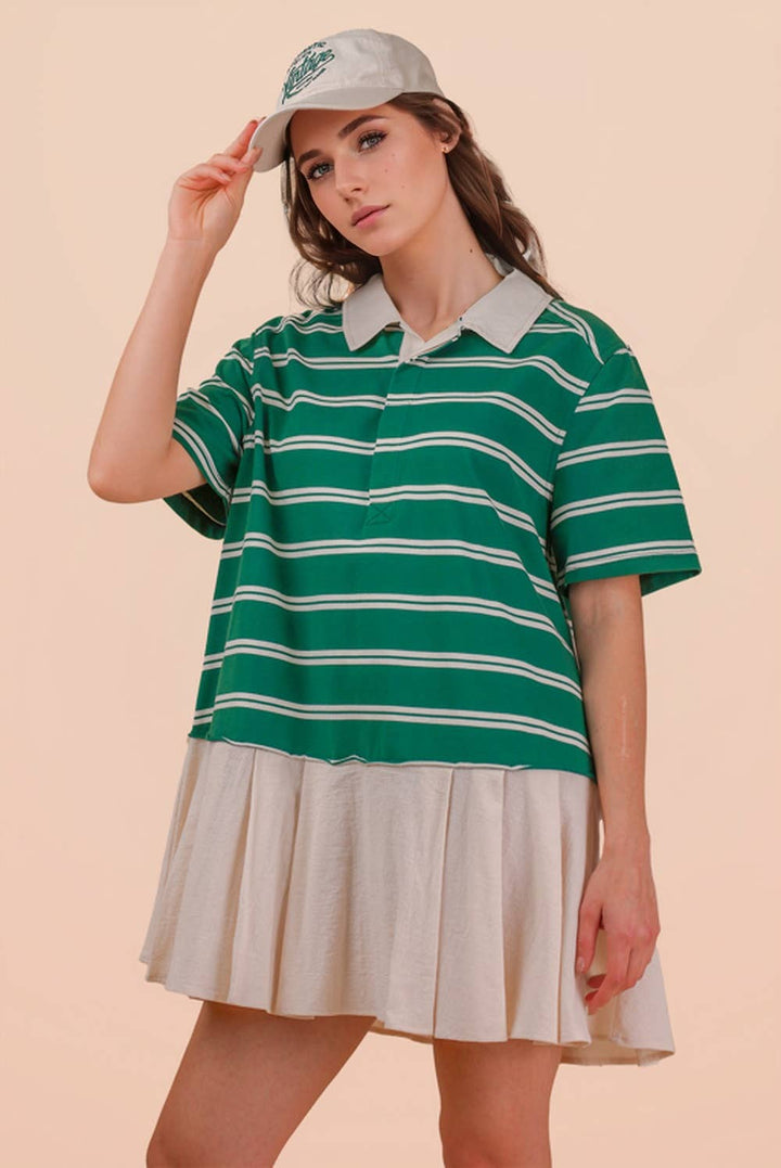 Striped Shirt Mini Dress - Green