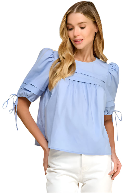 Pleated Keyhole Puff Sleeve Blouse - Baby Blue