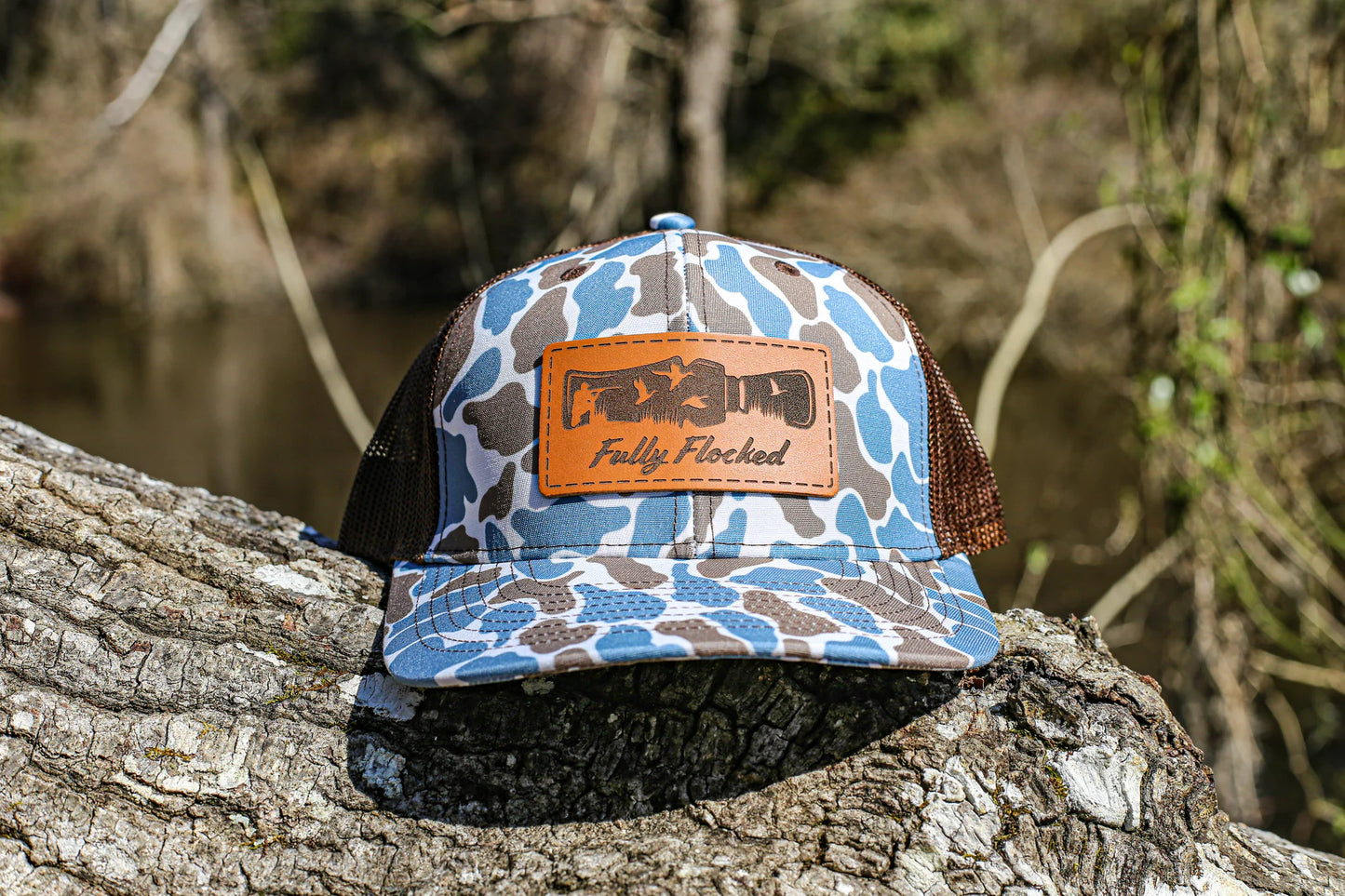 Duck Call Leather Patch Hat - Blue Camo/Brown