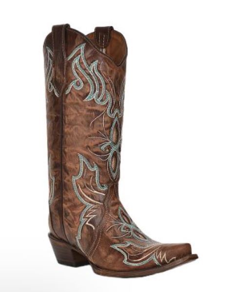 Brown Inlay w/Turquoise Embroidery Women's Snip Toe Western Boots