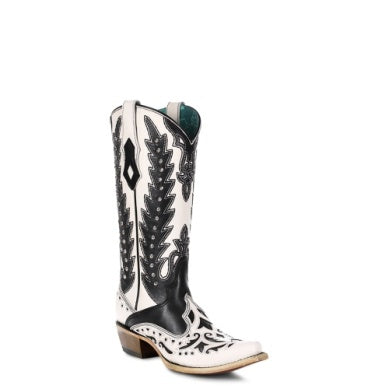 Wing Tip White/Black Embroidery Boots w/ Studs