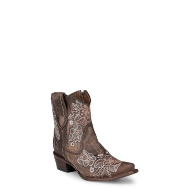 Ladies Floral Embroidery Ankle Boot - Chocolate