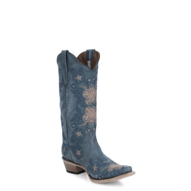Blue Floral Embroidery Western Boot