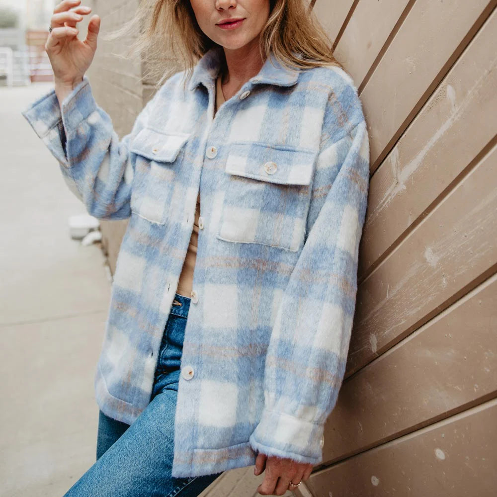 KatyDid Blue/Gray Tartan Plaid Shacket