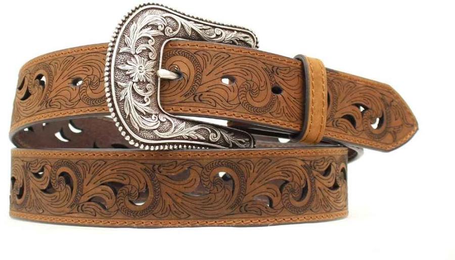 Women\'s Brown Leather Belt with Scroll Cutouts and Interchangeable Buckle Amazon.com: ARIAT Women main image 3