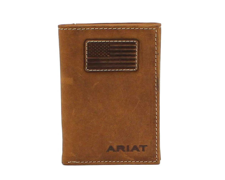 Ariat Men's Brown Flag Patch Tri Fold Leather Rodeo Wallet