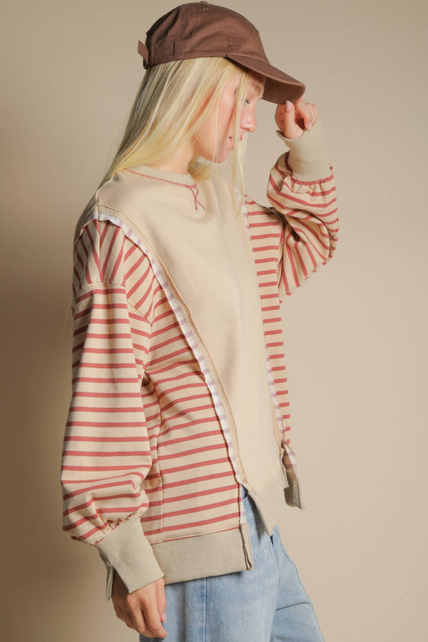 Oversized Striped Casual Sweater - Beige
