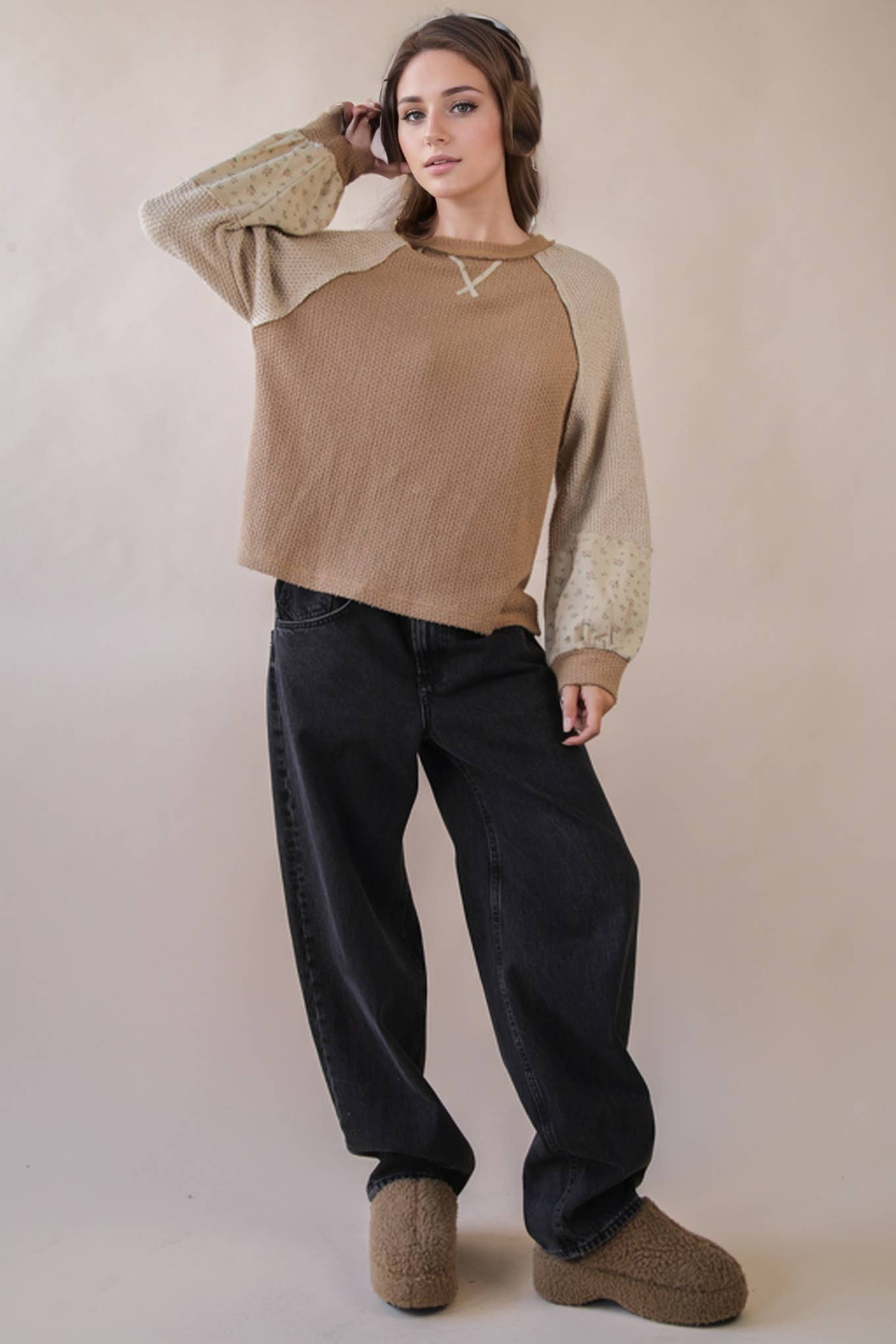 Raglan Sleeve Color Block Sweater - Mocha
