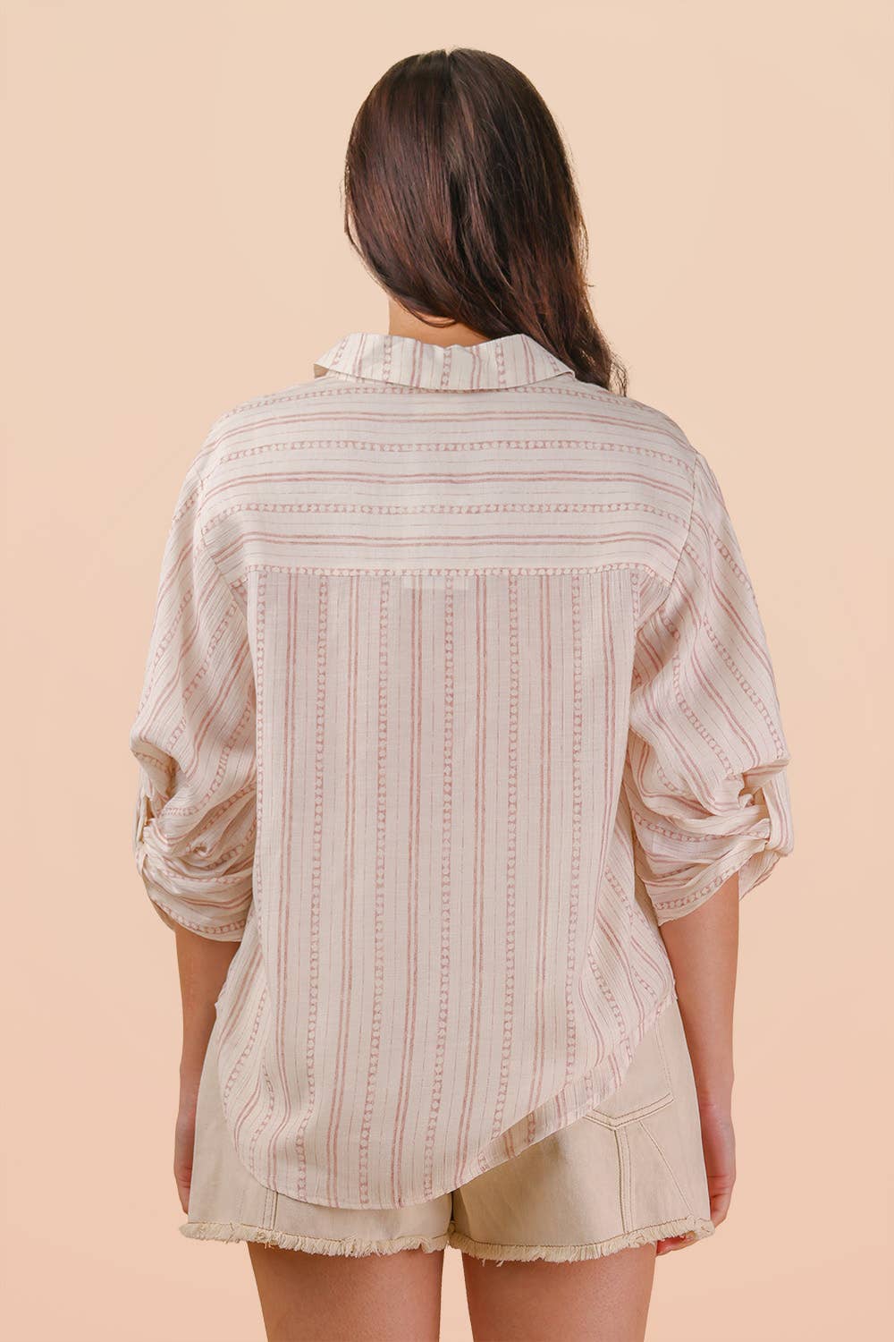 Roll up Half Sleeve Stripe Shirt Top - Mauve