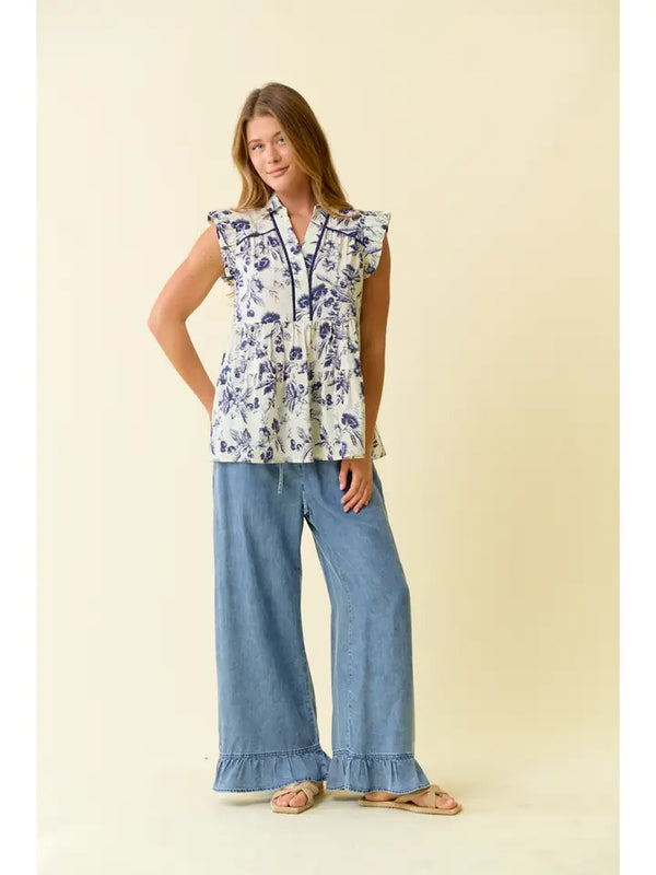 Denim Ruffle Bottom Wide Leg Pant