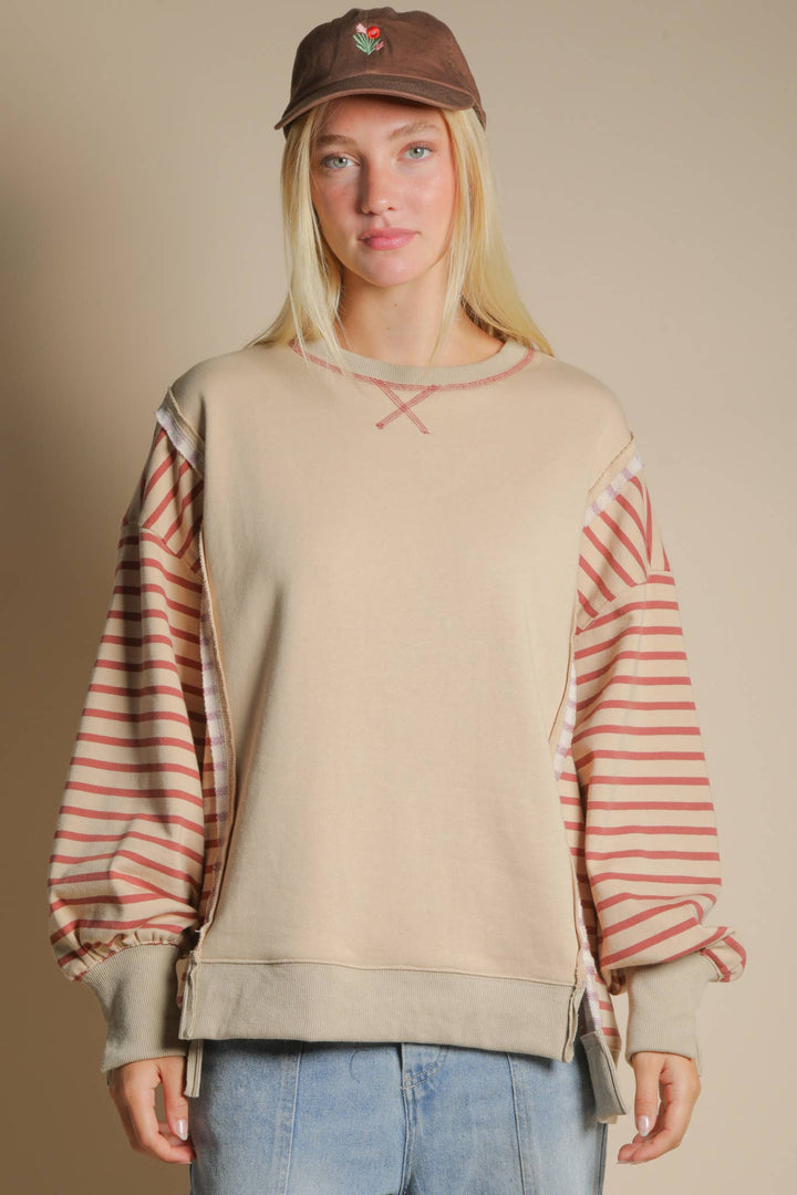 Oversized Striped Casual Sweater - Beige
