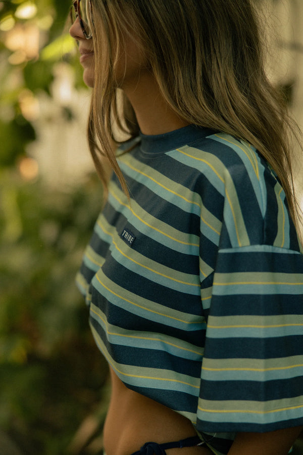 Striped Boxy Tee - Way Down South Deep Sea Blue