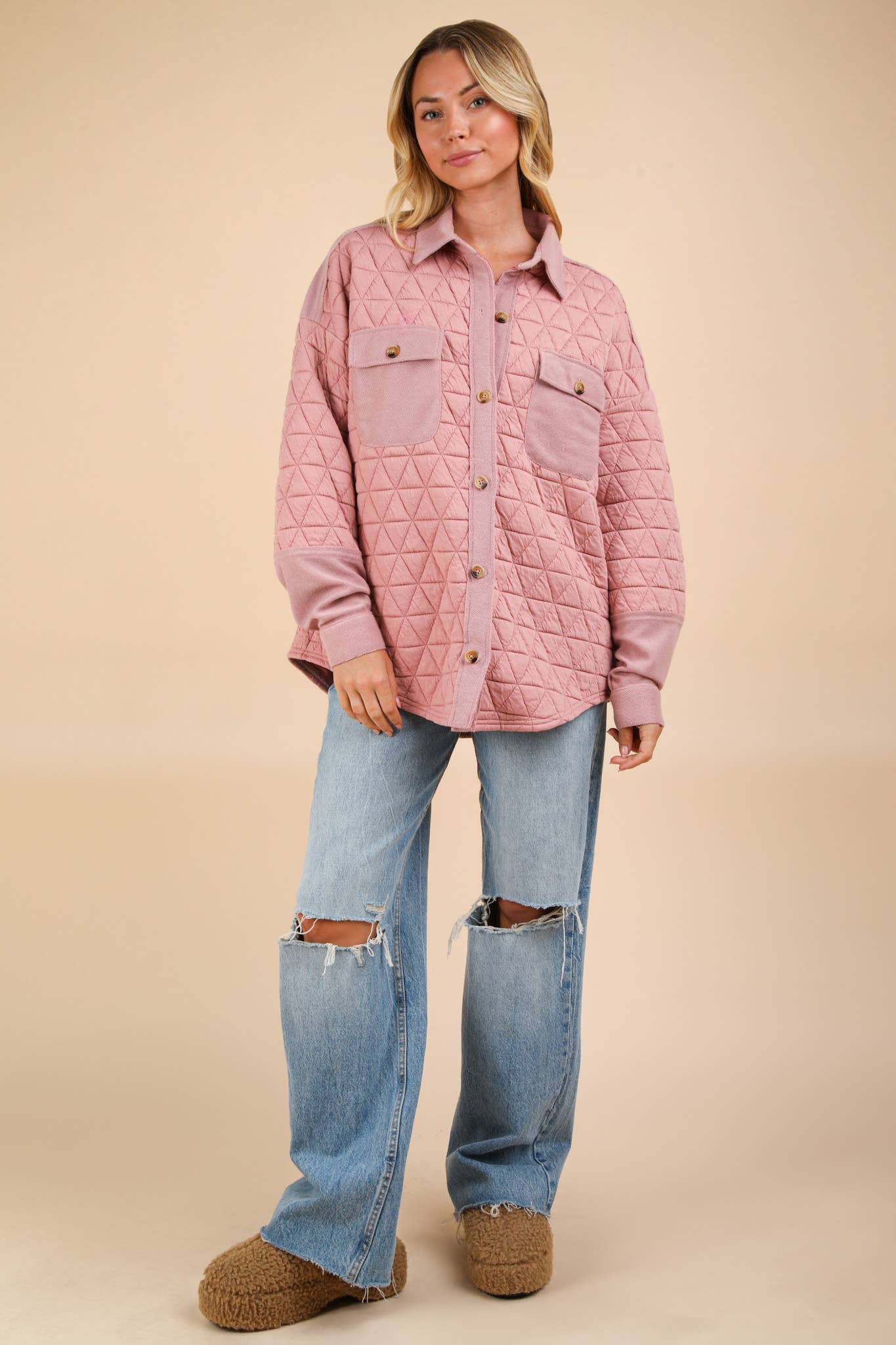 Oversized Quilted Cozy Shacket Jacket: Blush