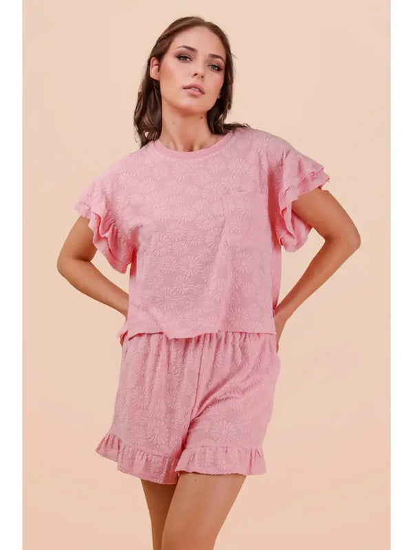 Floral Textured Ruffle Knit Set - Pink
