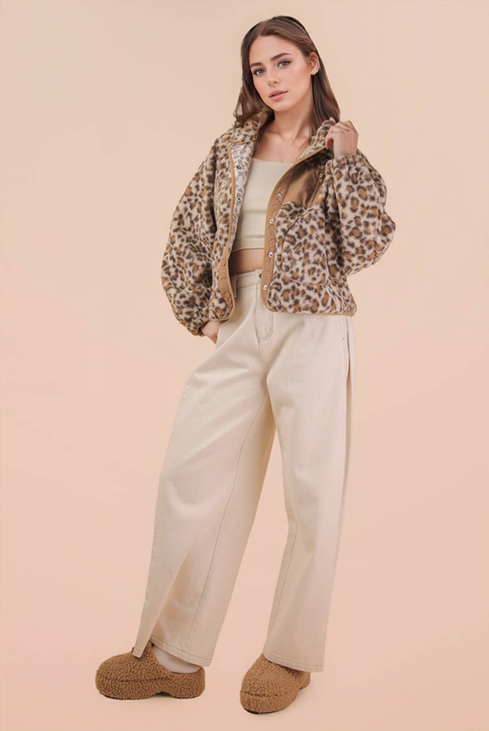Leopard Fleece Jacket - Cream