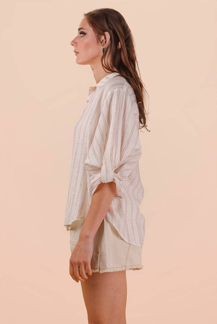 Roll up Half Sleeve Stripe Shirt Top - Mauve