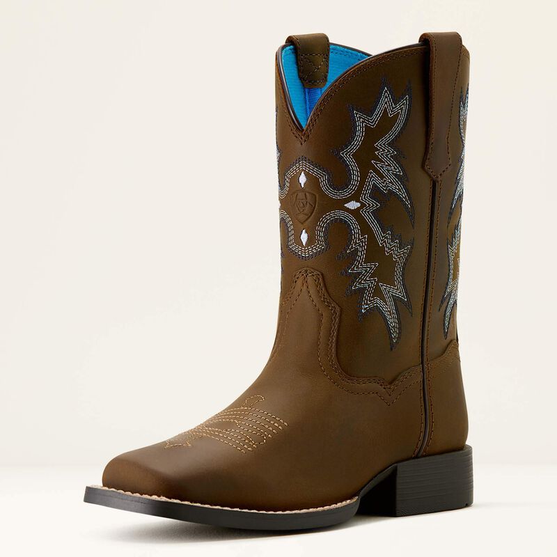 Kid's Tombstone Wide Square Toe Western Boot - Distressed Brown